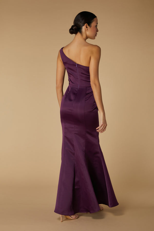 Jarlo Rose One Shoulder Satin Maxi Dress With Bow Detail Midnight Plum