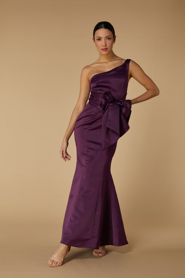 jarlo Rose One Shoulder Satin Maxi Dress with Bow Detail Midnight Plum