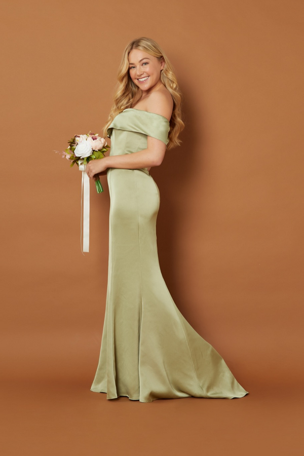 Jarlo Sage Off Shoulder Maxi Dress With Train Pale Olive