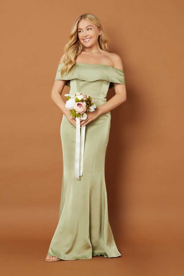 jarlo Sage Off Shoulder Maxi Dress with Train Pale Olive