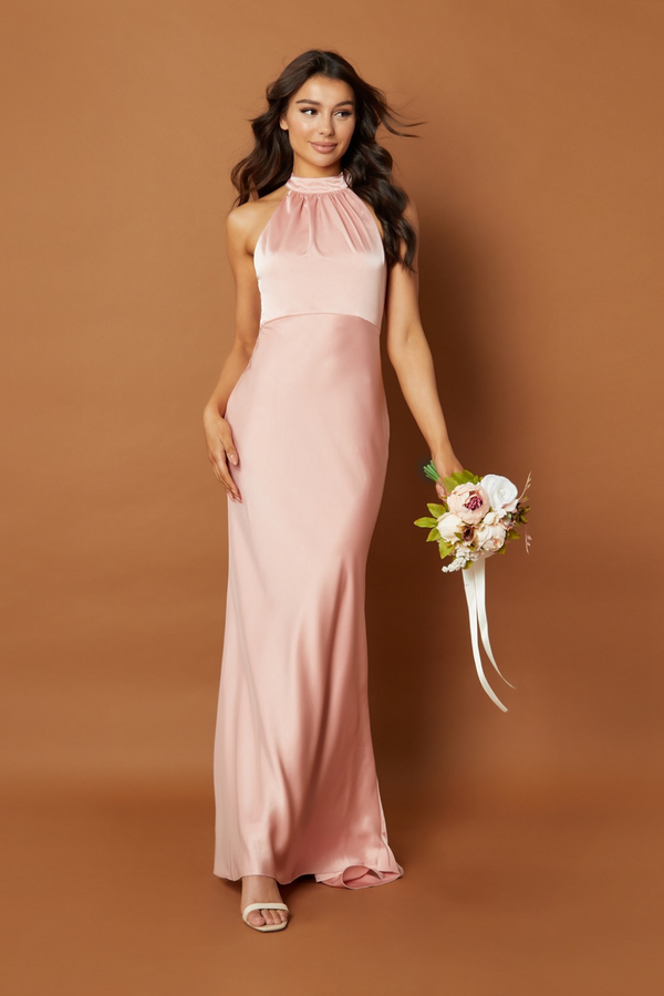 jarlo Starlette Halter Neck Maxi Dress with Back Tie and Button Back Detail Blush