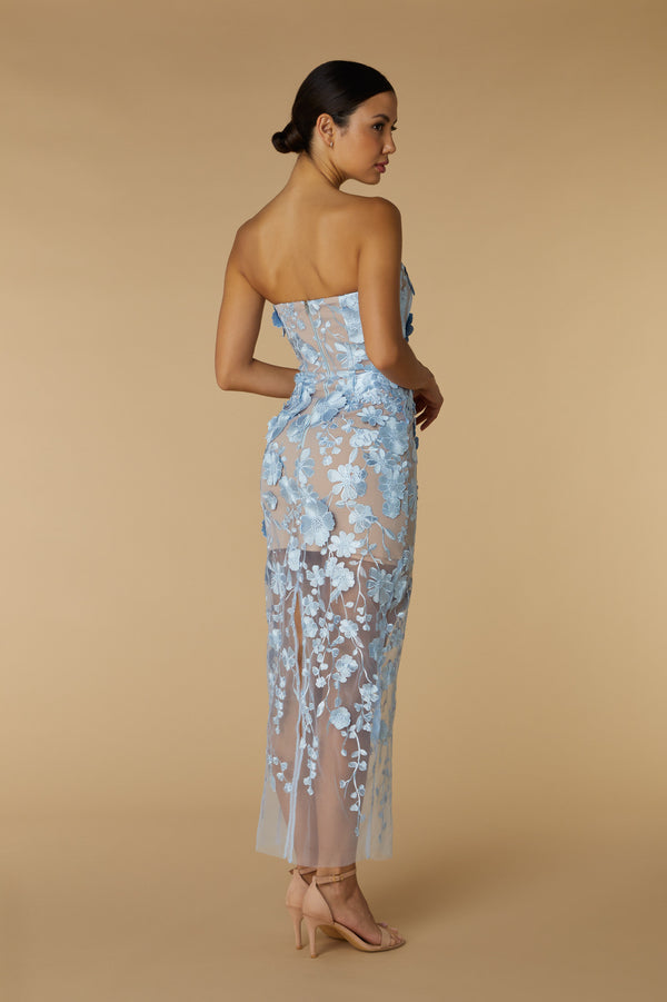 Jarlo Willow Strapless Midi Dress In Floral 3D Lace Blue