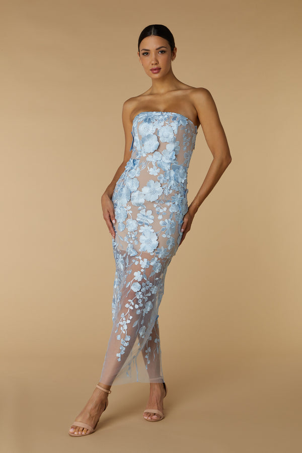jarlo Willow Strapless Midi Dress in Floral 3D Lace Blue