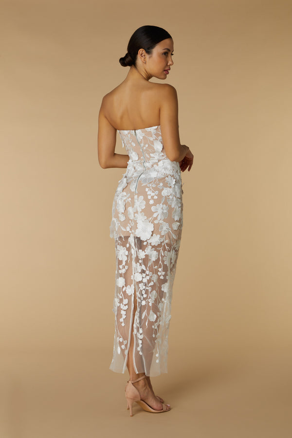 Jarlo Willow Strapless Midi Dress In Floral 3D Lace Ivory