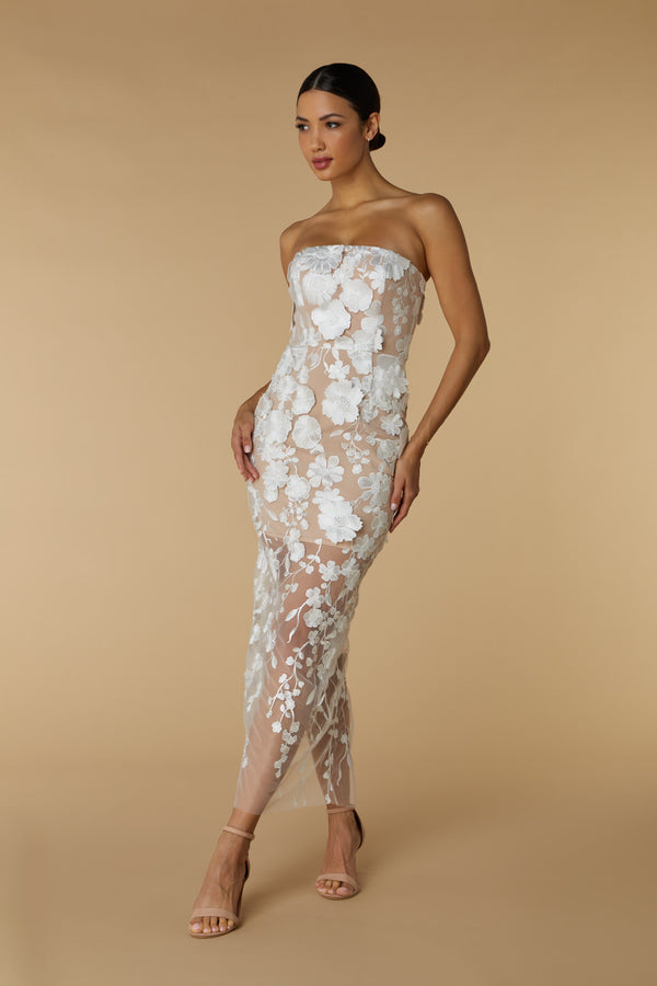 jarlo Willow Strapless Midi Dress in Floral 3D Lace Ivory
