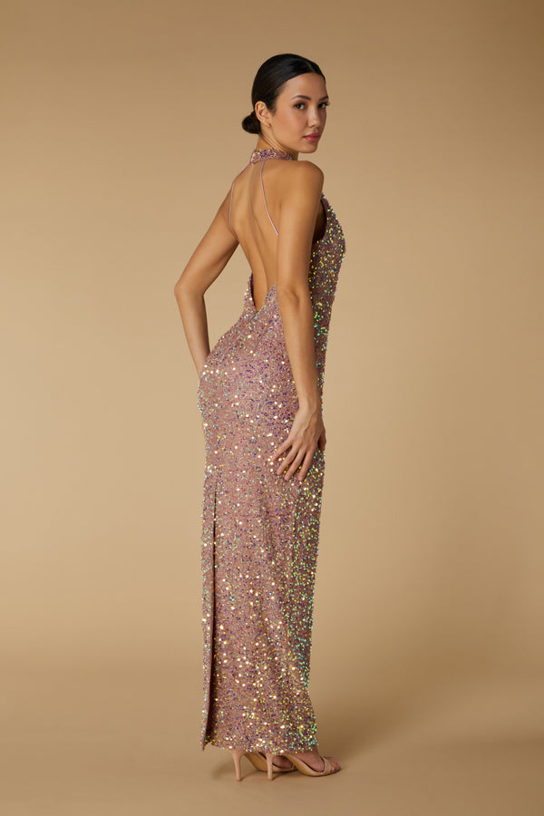 Jarlo Yolanda High Neck Sequin Maxi Dress With Back Strap Detail Champagne Sequin