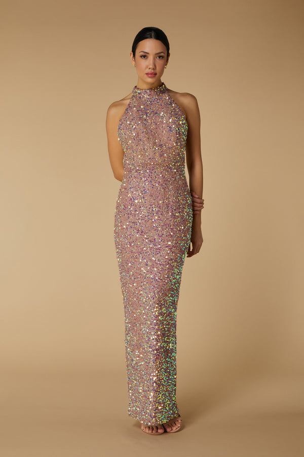 jarlo Yolanda High Neck Sequin Maxi Dress with Back Strap Detail Champagne Sequin