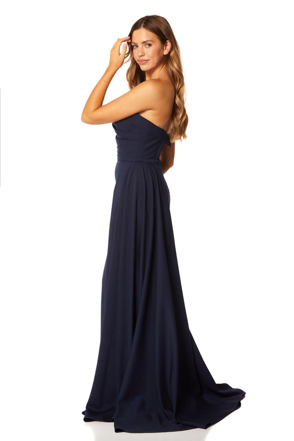 Jarlo Zo Strapless Maxi Dress With Pleated Side Skirt Drape Navy