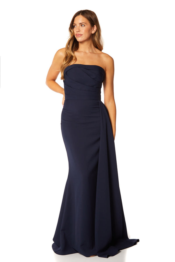 jarlo Zo Strapless Maxi Dress with Pleated Side Skirt Drape Navy