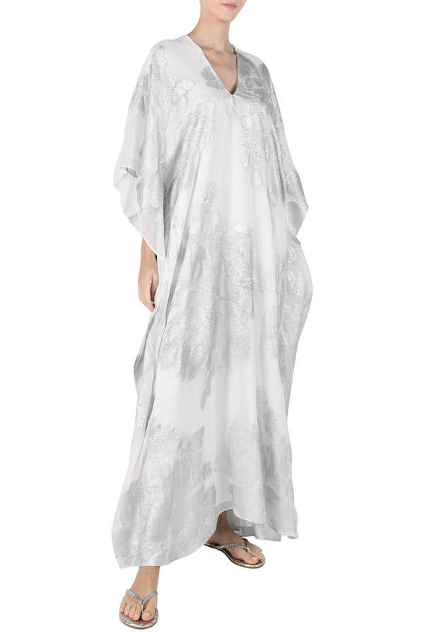 Marie France Van Damme Big Flower Lurex Lined Boubou Caftan White Silver
