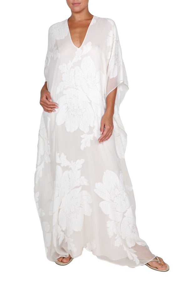 Marie France Van Damme Big Flower Lurex Lined Boubou White White