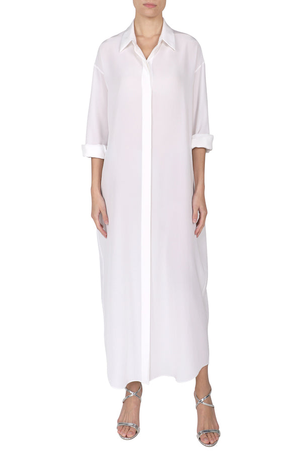 Marie France Van Damme Button Down Silk Crepe de Chine Dress White