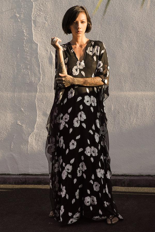 Marie France Van Damme Camelia Devore Velour Boubou Caftan Black White