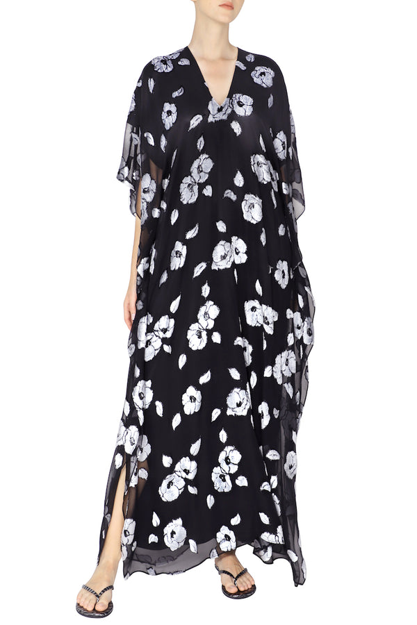 Marie France Van Damme Camelia Devore Velour Boubou Caftan Black White