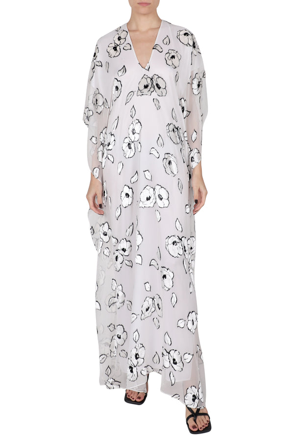 Marie France Van Damme Camelia Dévore Velour Boubou Caftan White Black