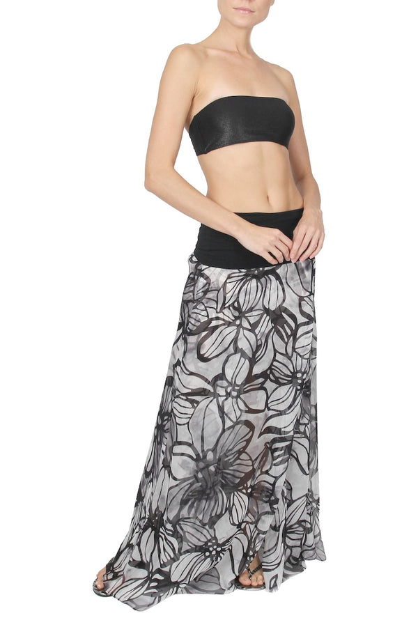 Marie France Van Damme Double Layered Palazzo Skirt Hibiscus White Black