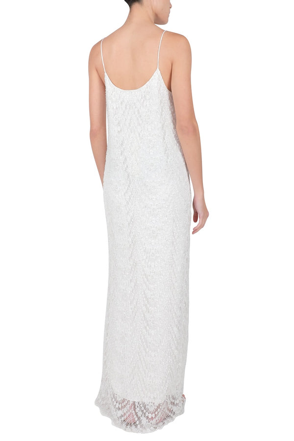Marie France Van Damme Embellished Pearl Beads Long Lace Cami Dress White