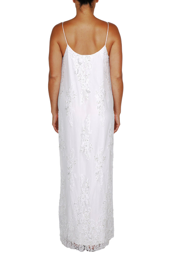 Marie France Van Damme Embellished Pearl Beads Long Lace Cami Dress White