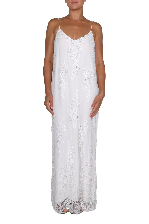 Marie France Van Damme Embellished Pearl Beads Long Lace Cami Dress White