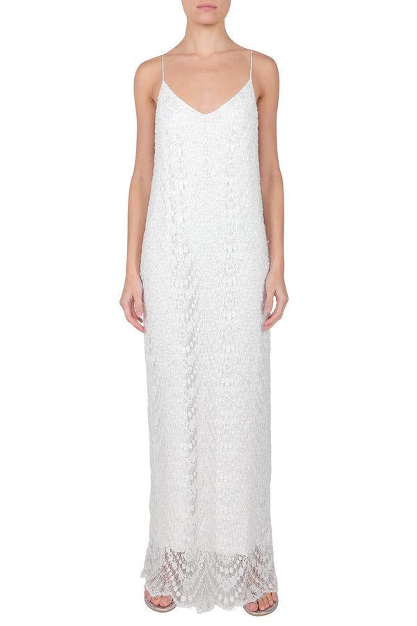 Marie France Van Damme Embellished Pearl Beads Long Lace Cami Dress White