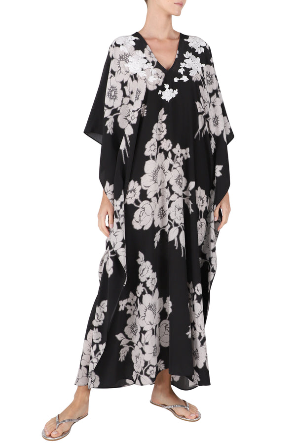 Marie France Van Damme Embroidered Rose Silk Boubou Black White Rose