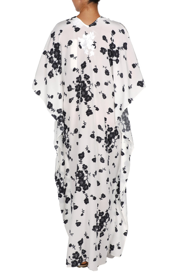 Marie France Van Damme Embroidered Rose Silk Boubou Caftan White Black Rose