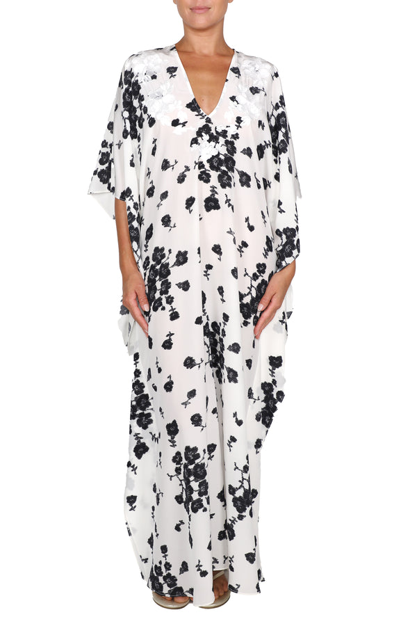 Marie France Van Damme Embroidered Rose Silk Boubou Caftan White Black Rose