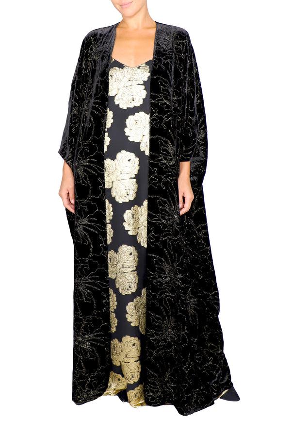 Marie France Van Damme Embroidered Velour Cover Up Black Gold