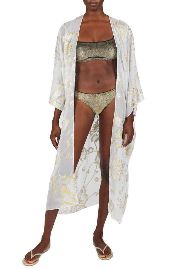 Marie France Van Damme Floral Babani Cover Up White Gold Silver