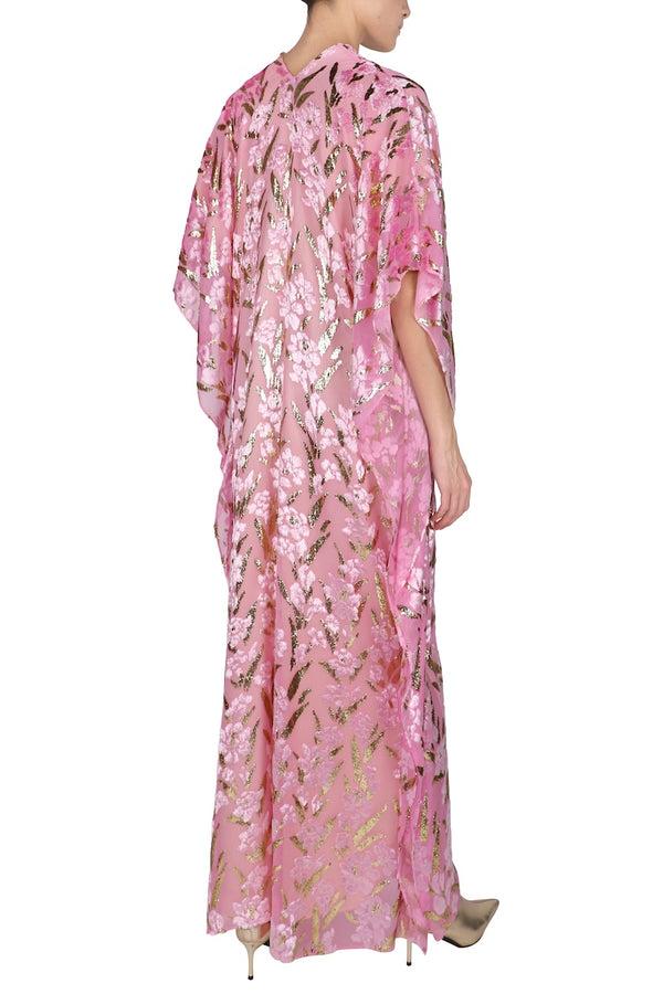 Marie France Van Damme Flower Velours Devore Rose Boubou Caftan Rose Gold