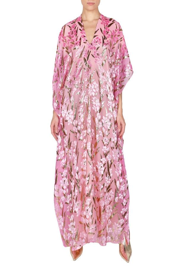 Marie France Van Damme Flower Velours Devore Rose Boubou Caftan Rose Gold