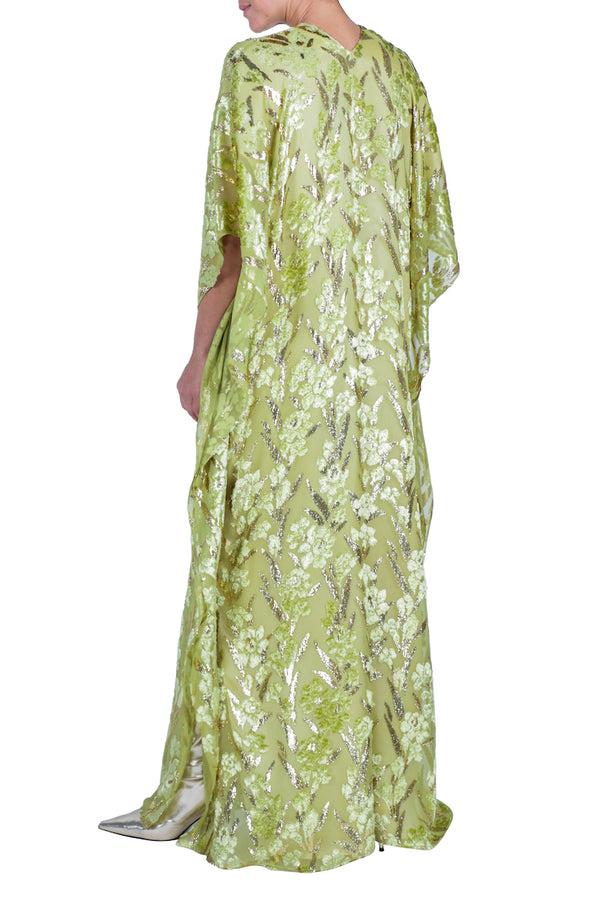 Marie France Van Damme Gold Petal Velour Devore Boubou Caftan Green Gold