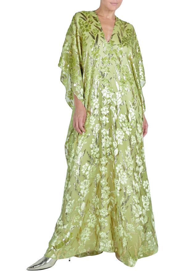 Marie France Van Damme Gold Petal Velour Devore Boubou Caftan Green Gold