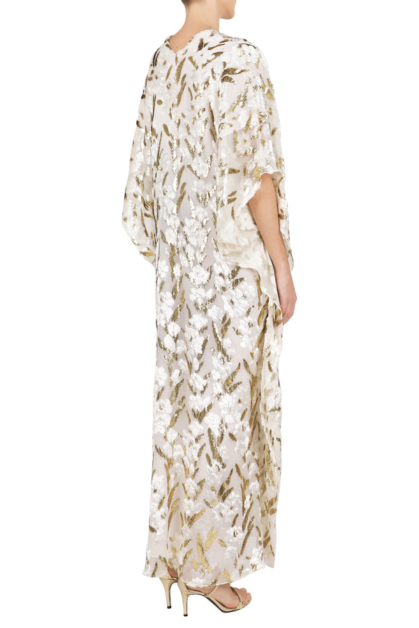 Marie France Van Damme Gold Petal Velour Devore Boubou Caftan White Gold
