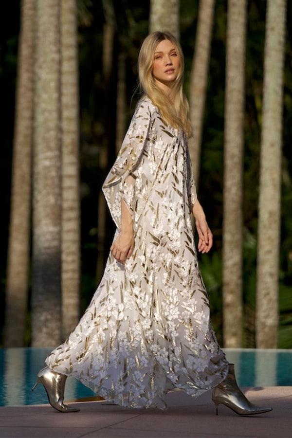 Marie France Van Damme Gold Petal Velour Devore Boubou Caftan White Gold