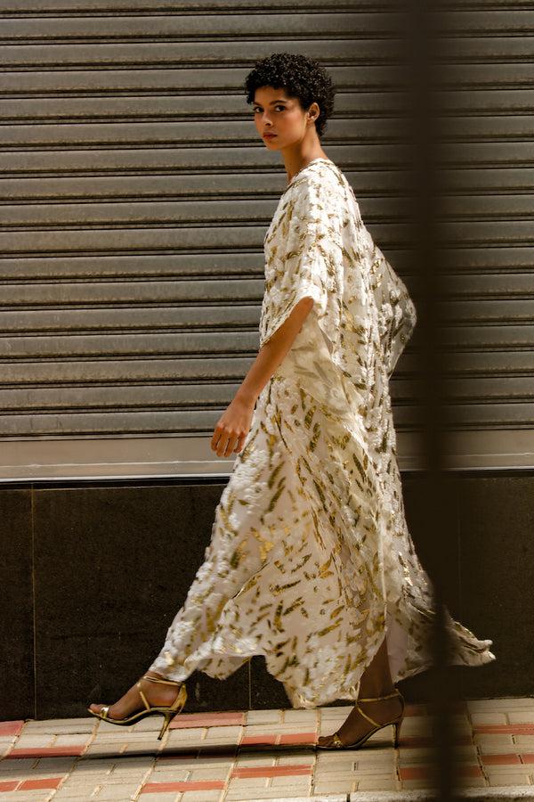 Marie France Van Damme Gold Petal Velour Devore Boubou Caftan White Gold