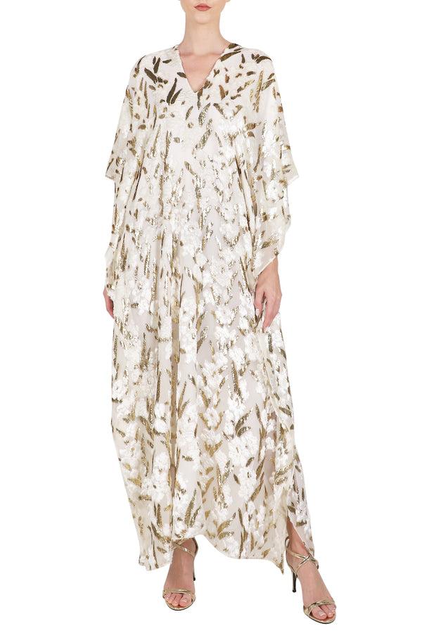 Marie France Van Damme Gold Petal Velour Devore Boubou Caftan White Gold