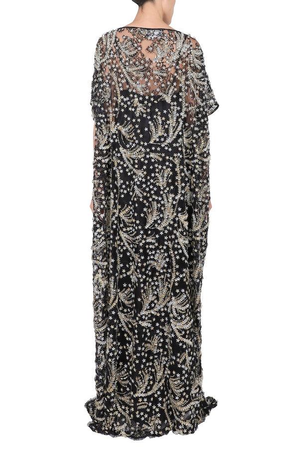 Marie France Van Damme Handmade Flower Lace Boubou Caftan Black Gold Silver
