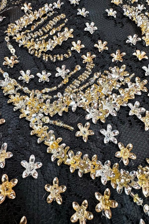 Marie France Van Damme Handmade Flower Lace Boubou Caftan Black Gold Silver