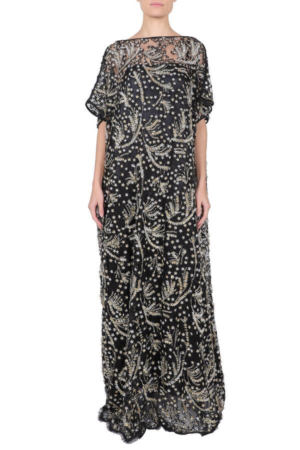 Marie France Van Damme Handmade Flower Lace Boubou Caftan Black Gold Silver