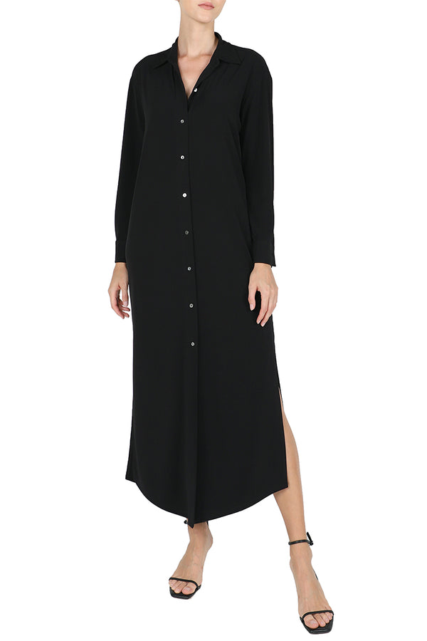 Marie France Van Damme Jersey Button Down Shirt Dress Black