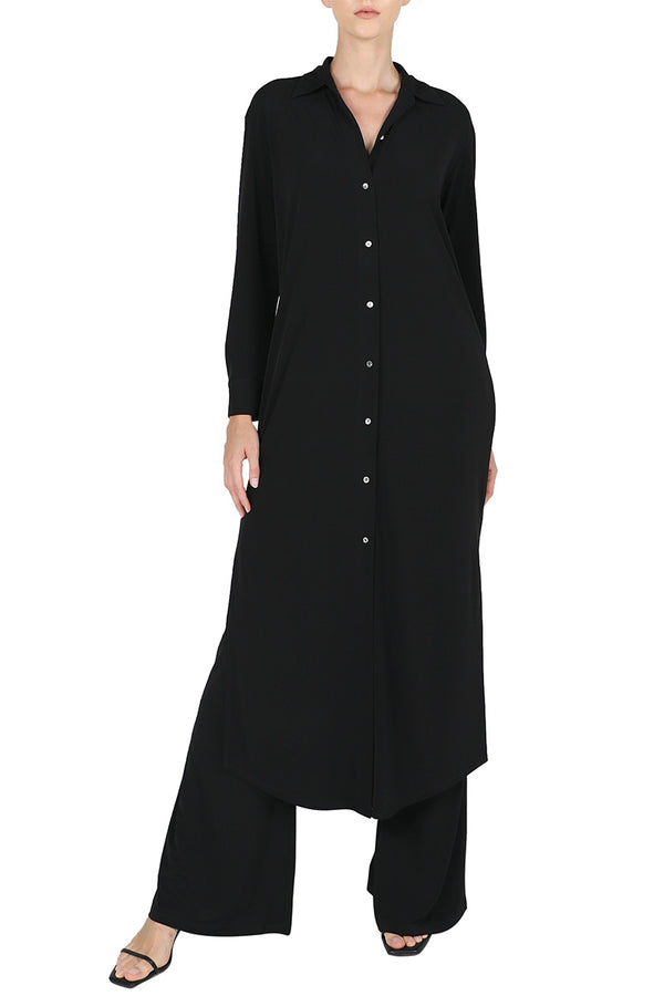 Marie France Van Damme Jersey Button Down Shirt Dress Black