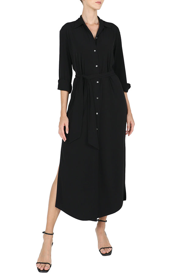 Marie France Van Damme Jersey Button Down Shirt Dress Black