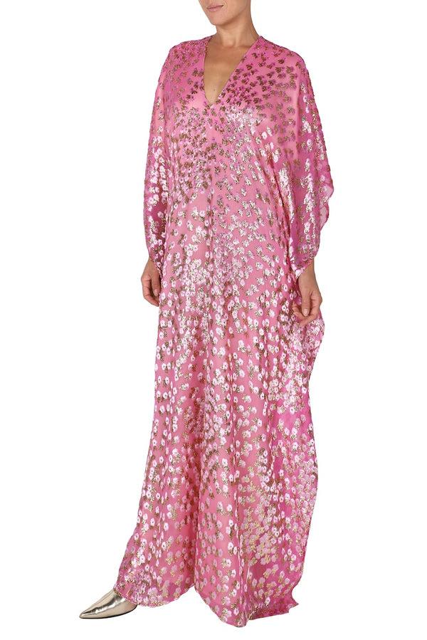 Marie France Van Damme Little Flower Velour Devore Boubou Caftan Rose Gold