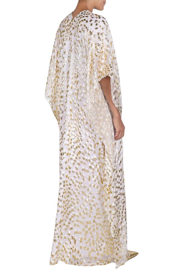 Marie France Van Damme Little Flower Velour Devore Boubou Caftan White Gold