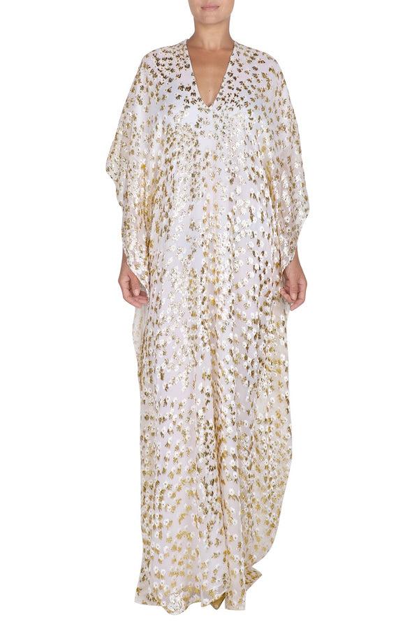 Marie France Van Damme Little Flower Velour Devore Boubou Caftan White Gold