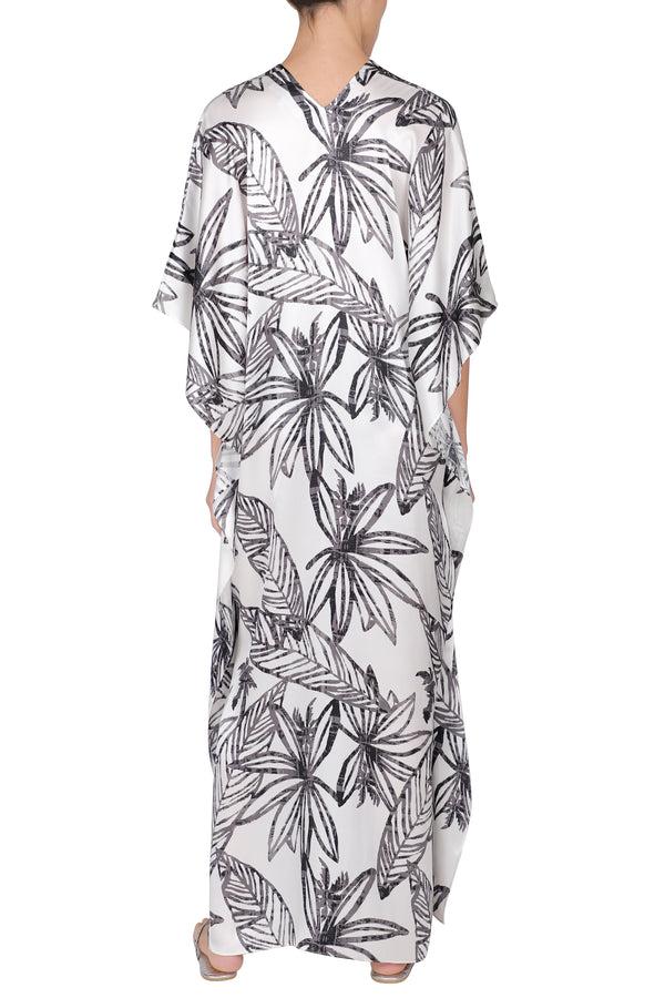 Marie France Van Damme Lotus Printed Silk Satin Boubou Caftan Lotus