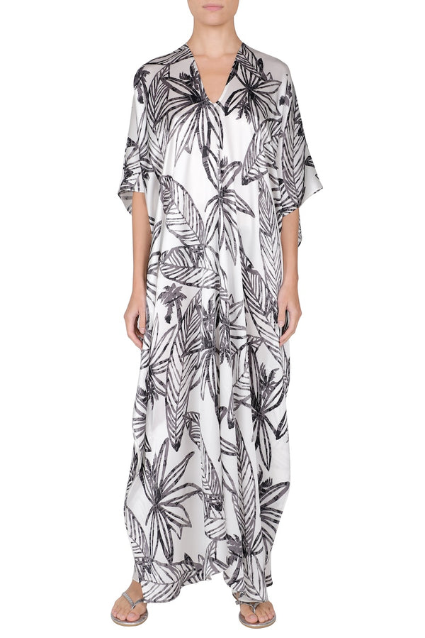 Marie France Van Damme Lotus Printed Silk Satin Boubou Caftan Lotus