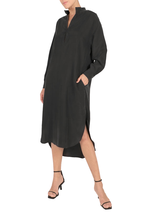 Marie France Van Damme Mao Collar Silk Crepe de Chine Dress Black