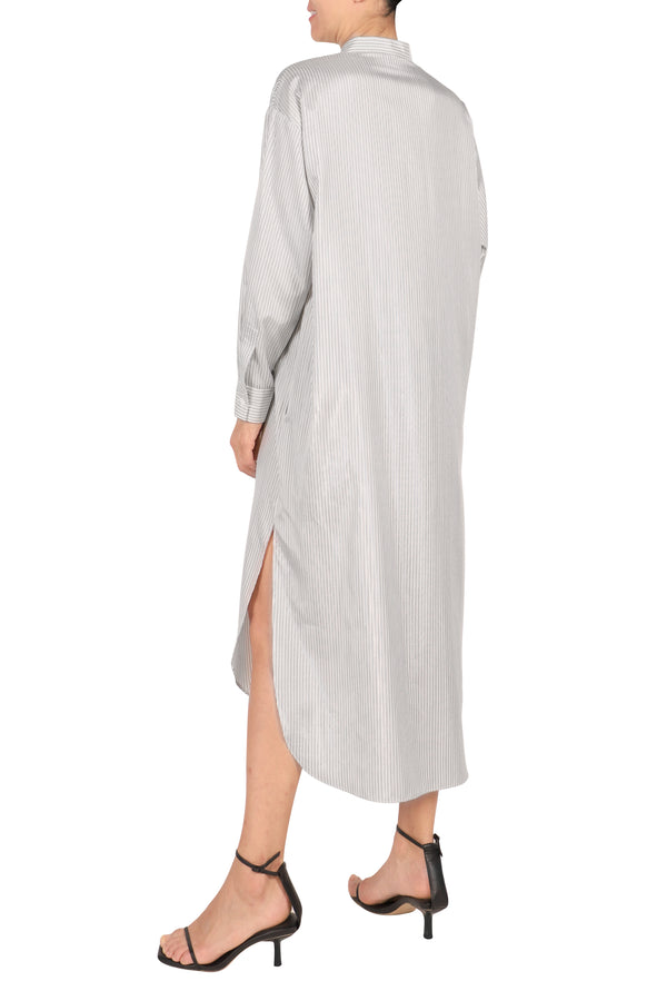 Marie France Van Damme Mao Collar Silk Metallic Stripe Dress White Black Silver Stripe